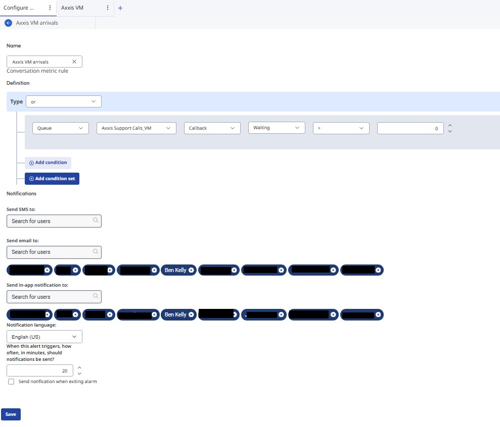 Alert rule setup (colleague names hidden)